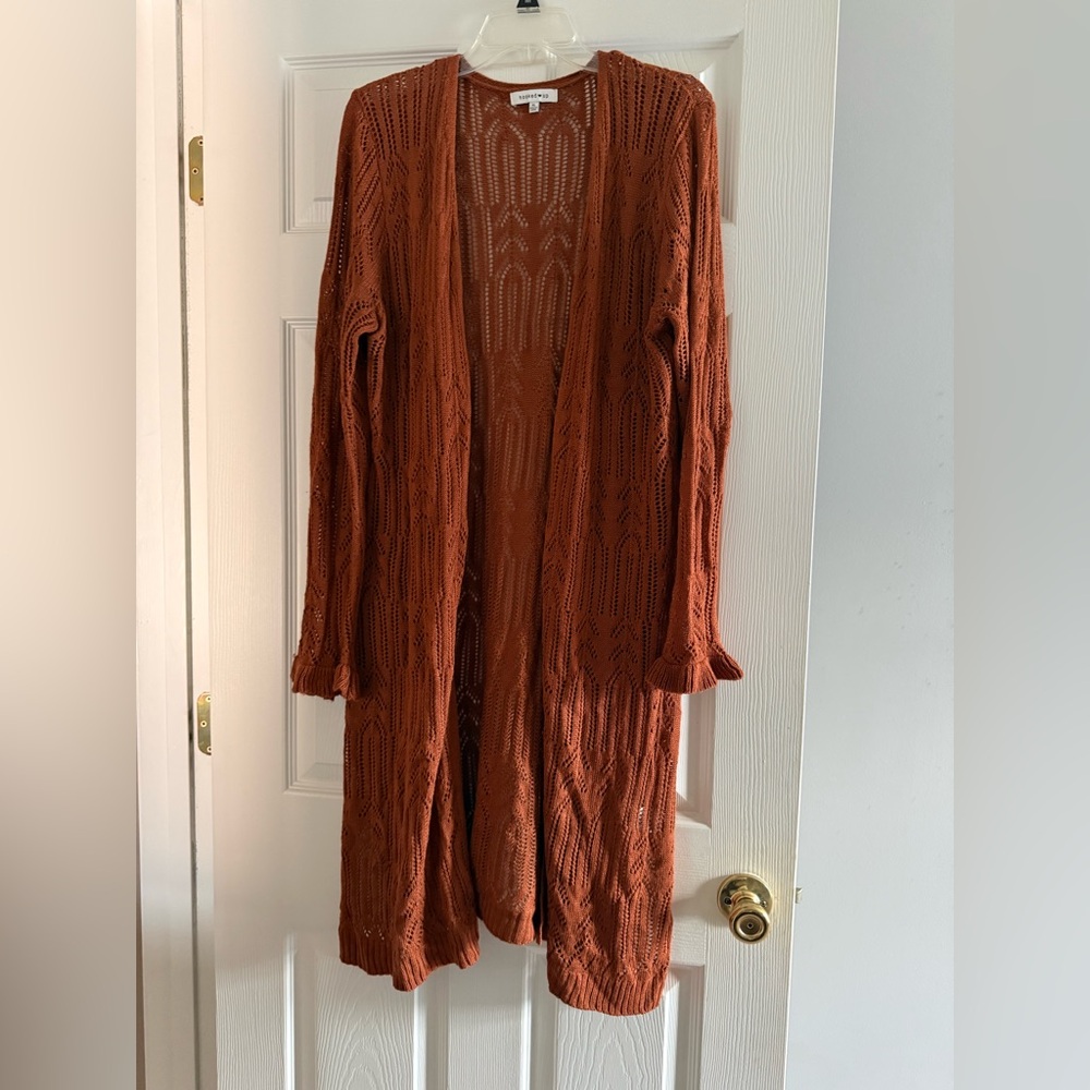 Hooked Up by IOT Rust Open-Front Cardigan